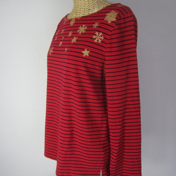 NEW Talbots Women Petite Medium PM Red Black Gold Stripe Snowflake Shirt NWT $45 - Picture 10 of 11